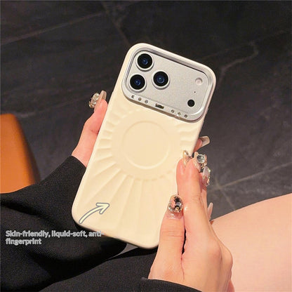 For iPhone 17 Pro Case Compatible with MagSafe Sun Pattern Rhinestone Metal Camera Frame Liquid Silicone Phone Cover