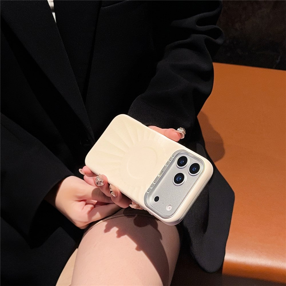 For iPhone 17 Pro Case Compatible with MagSafe Sun Pattern Rhinestone Metal Camera Frame Liquid Silicone Phone Cover