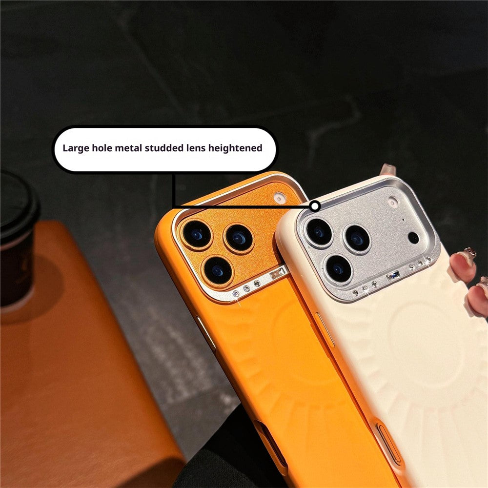 For iPhone 17 Pro Case Compatible with MagSafe Sun Pattern Rhinestone Metal Camera Frame Liquid Silicone Phone Cover