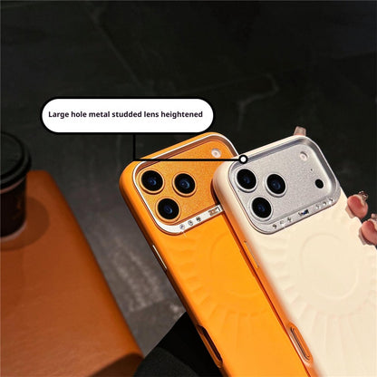 For iPhone 17 Pro Case Compatible with MagSafe Sun Pattern Rhinestone Metal Camera Frame Liquid Silicone Phone Cover