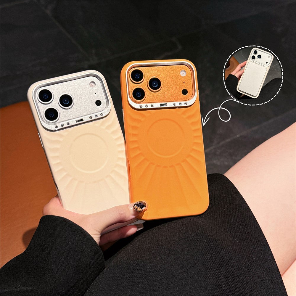 For iPhone 17 Pro Case Compatible with MagSafe Sun Pattern Rhinestone Metal Camera Frame Liquid Silicone Phone Cover