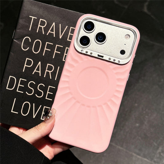 For iPhone 17 Pro Case Compatible with MagSafe Sun Pattern Rhinestone Metal Camera Frame Liquid Silicone Phone Cover