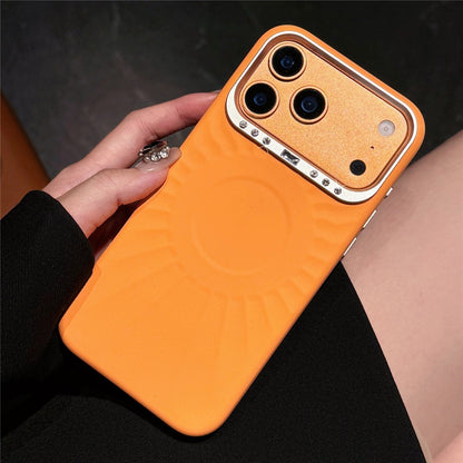 For iPhone 17 Pro Case Compatible with MagSafe Sun Pattern Rhinestone Metal Camera Frame Liquid Silicone Phone Cover
