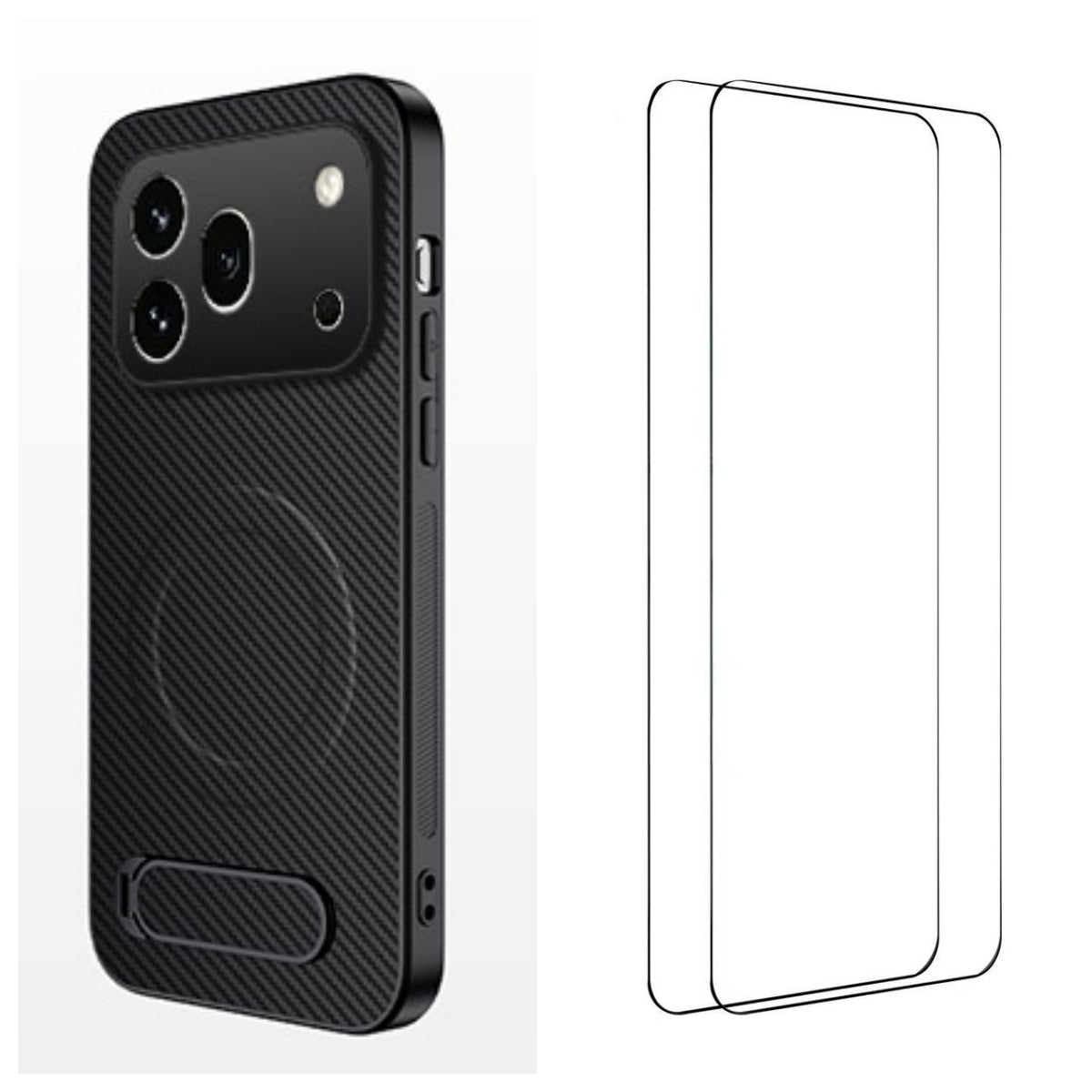 WANLONFENG For Honor 600 Pro 5G QT1 Series Magnetic Case with 2Pcs Tempered Glass Films Kickstand Carbon Fiber Texture PC TPU Phone Cover