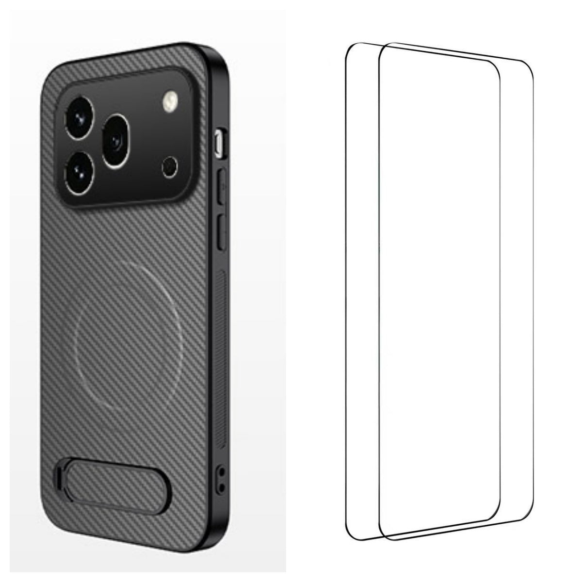 WANLONFENG For Honor 600 Pro 5G QT1 Series Magnetic Case with 2Pcs Tempered Glass Films Kickstand Carbon Fiber Texture PC TPU Phone Cover