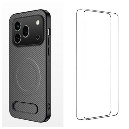 WANLONFENG For Honor 600 Pro 5G QT1 Series Magnetic Case with 2Pcs Tempered Glass Films Kickstand Carbon Fiber Texture PC TPU Phone Cover