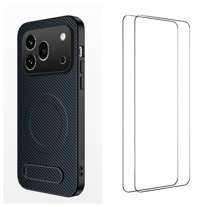 WANLONFENG For Honor 600 Pro 5G QT1 Series Magnetic Case with 2Pcs Tempered Glass Films Kickstand Carbon Fiber Texture PC TPU Phone Cover