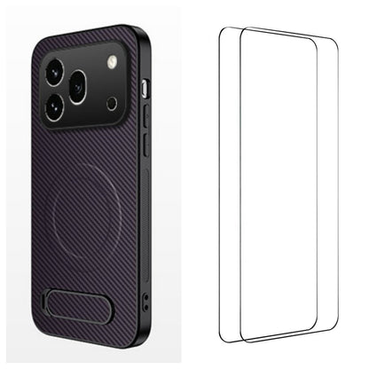 WANLONFENG For Honor 600 Pro 5G QT1 Series Magnetic Case with 2Pcs Tempered Glass Films Kickstand Carbon Fiber Texture PC TPU Phone Cover