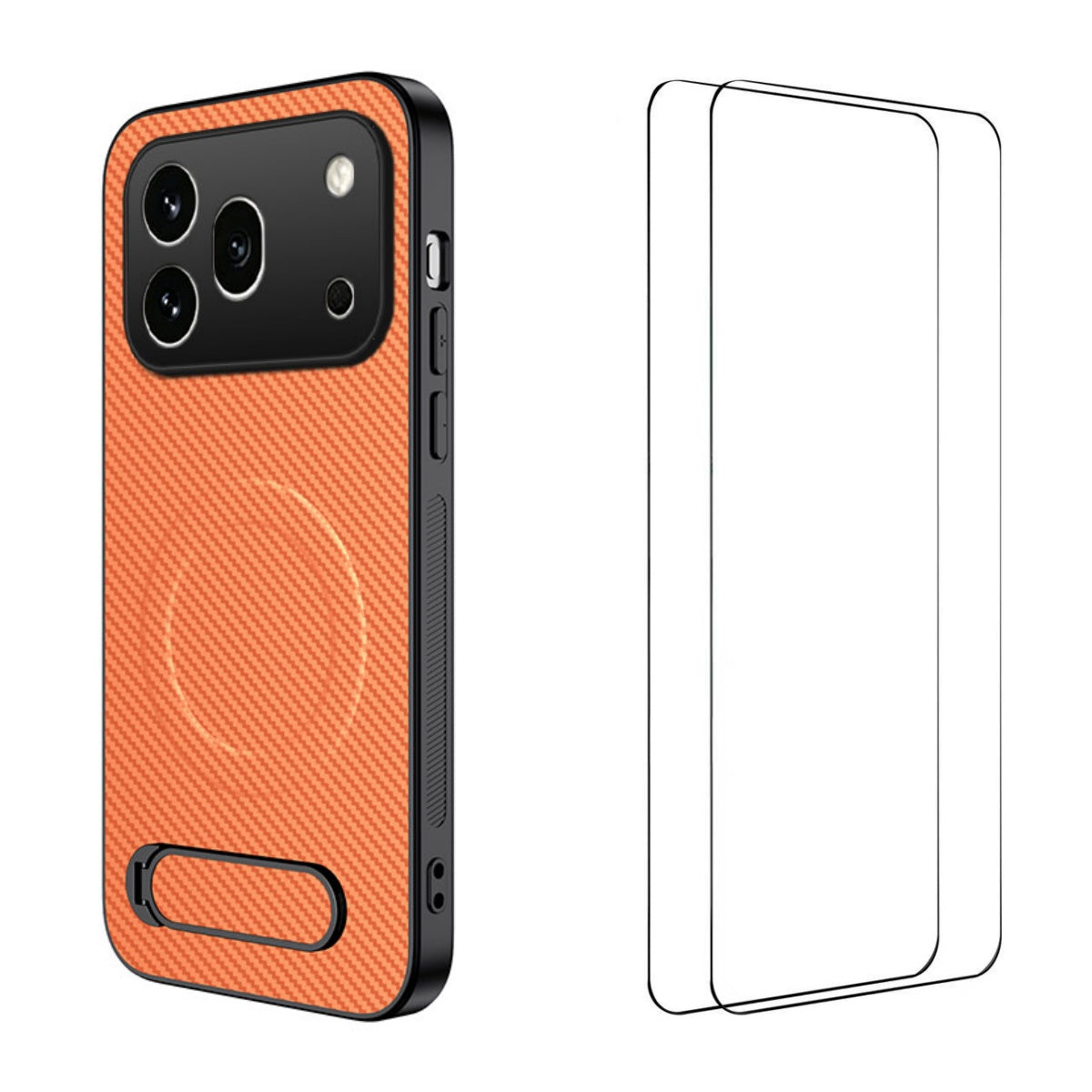 WANLONFENG For Honor 600 Pro 5G QT1 Series Magnetic Case with 2Pcs Tempered Glass Films Kickstand Carbon Fiber Texture PC TPU Phone Cover