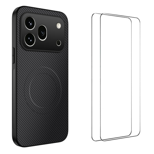 WANLONFENG For Honor 600 Pro 5G TQ1 Series Magnetic Case Carbon Fiber Texture PC TPU Phone Cover with 2Pcs Screen Films