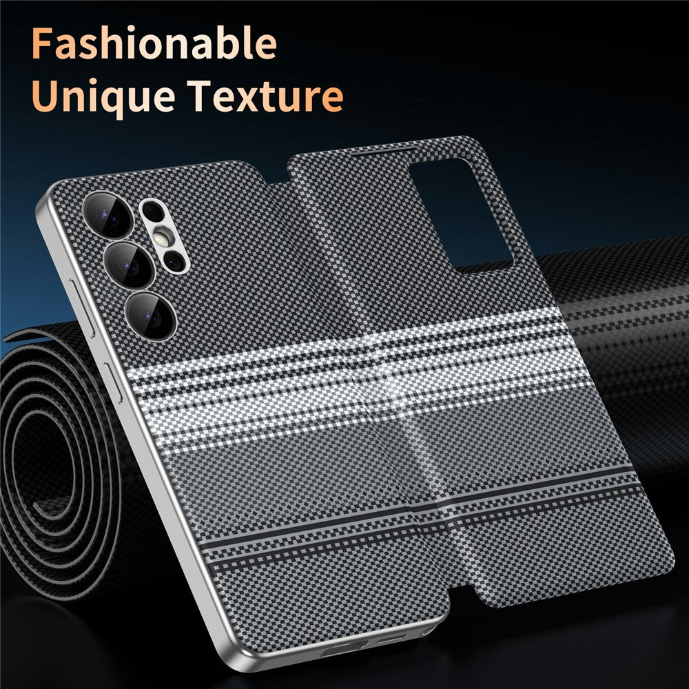 For Samsung Galaxy S25 Ultra Case Card Slot View Window Gradient Color Checkered Pattern Leather Phone Cover