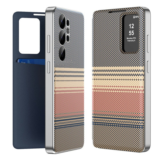 For Samsung Galaxy S25 Ultra Case Card Slot View Window Gradient Color Checkered Pattern Leather Phone Cover