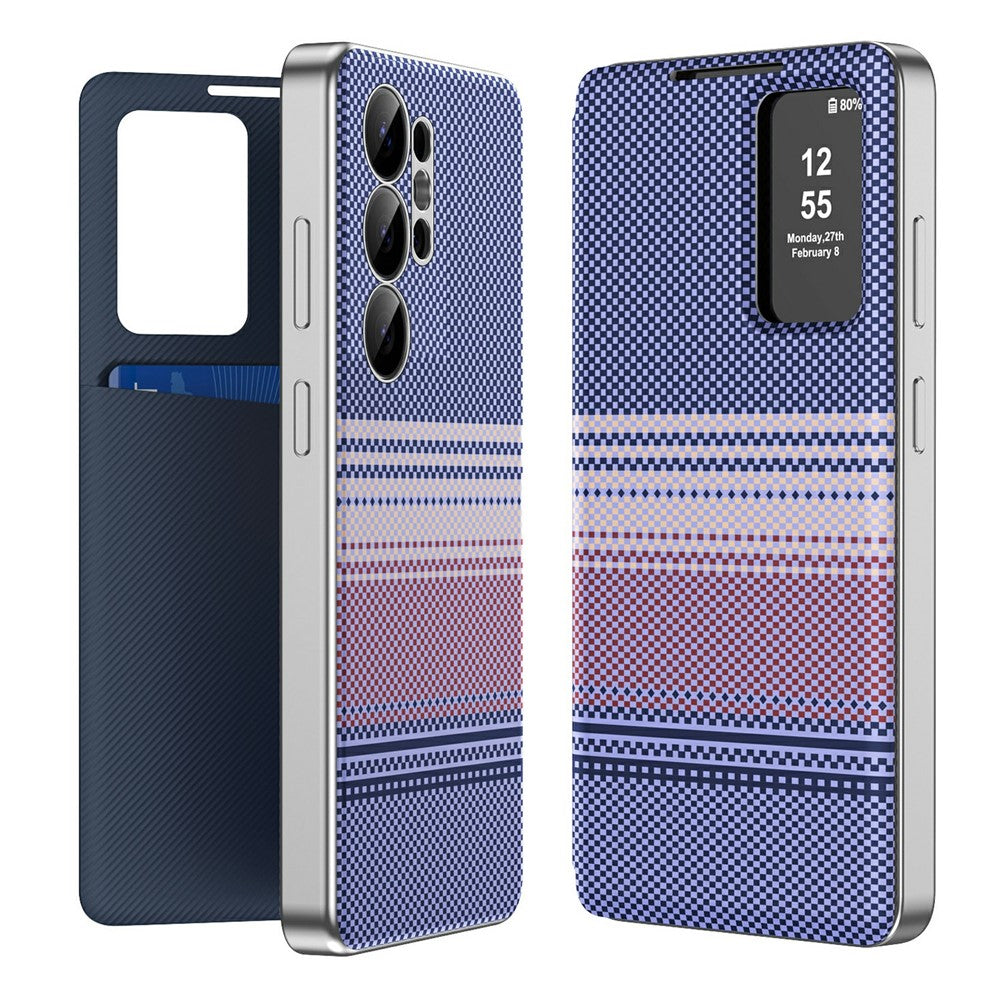 For Samsung Galaxy S25 Ultra Case Card Slot View Window Gradient Color Checkered Pattern Leather Phone Cover