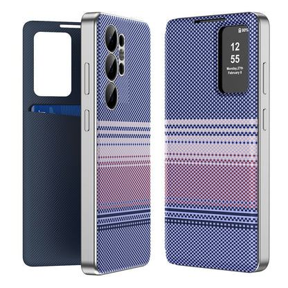 For Samsung Galaxy S25 Ultra Case Card Slot View Window Gradient Color Checkered Pattern Leather Phone Cover