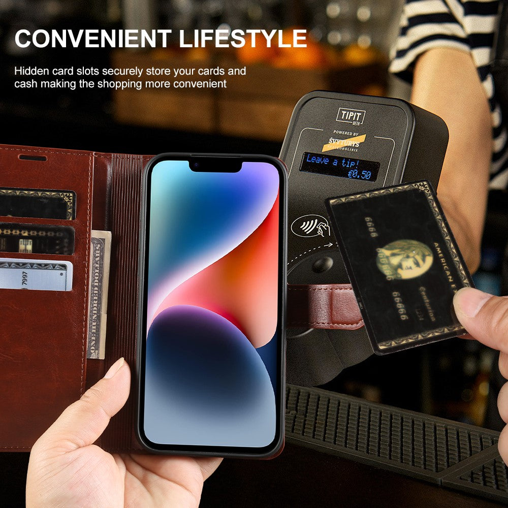 For iPhone 14 Plus Wallet Case Crazy Horse Texture Leather Flip Phone Cover with Magnetic Closure