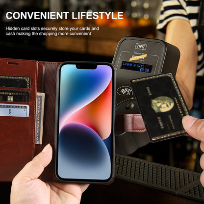 For iPhone 14 Plus Wallet Case Crazy Horse Texture Leather Flip Phone Cover with Magnetic Closure