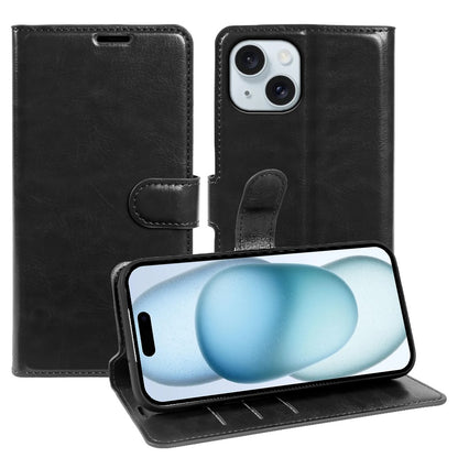 For iPhone 15 Plus Wallet Case Crazy Horse Texture Leather Flip Phone Cover with Magnetic Closure