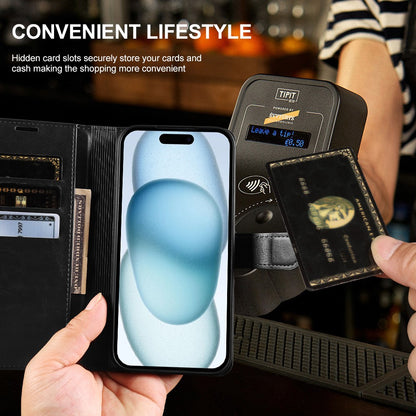 For iPhone 15 Plus Wallet Case Crazy Horse Texture Leather Flip Phone Cover with Magnetic Closure