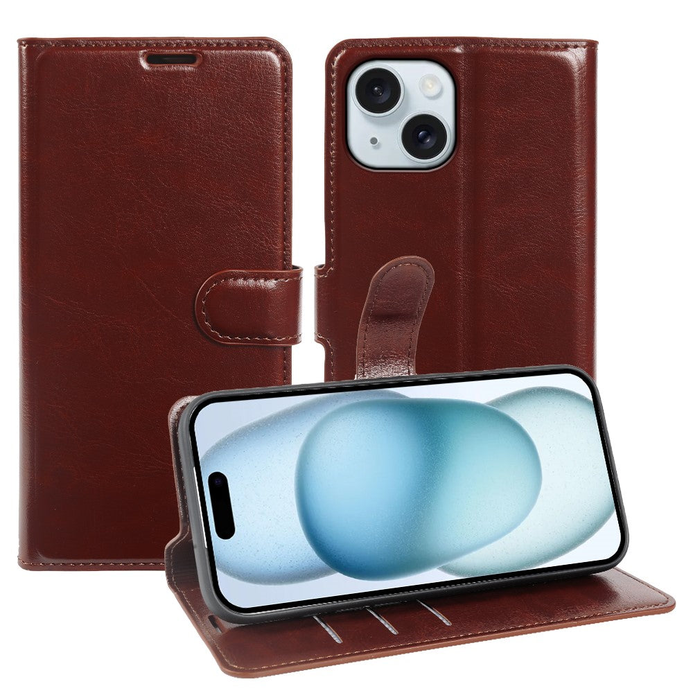 For iPhone 15 Plus Wallet Case Crazy Horse Texture Leather Flip Phone Cover with Magnetic Closure