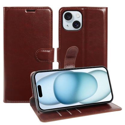 For iPhone 15 Plus Wallet Case Crazy Horse Texture Leather Flip Phone Cover with Magnetic Closure