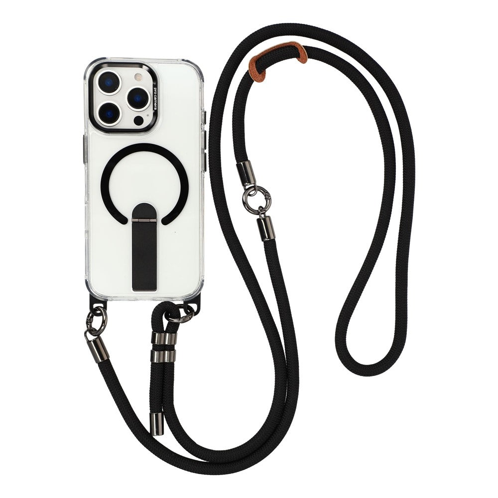 For iPhone 16 Pro Max Magnetic Case with Kickstand and 3-in-1 8mm 220cm Length Strap PC TPU Phone Cover