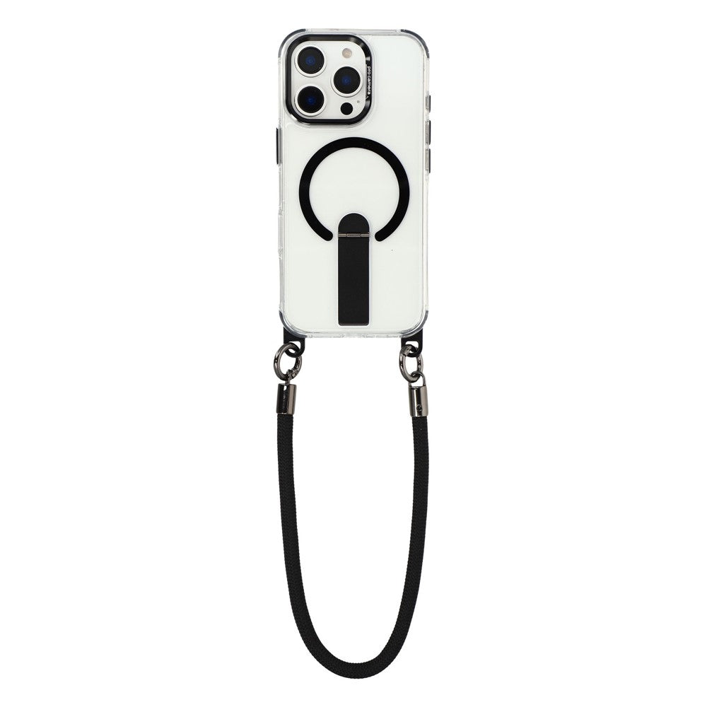 For iPhone 16 Pro Max Magnetic Case with Kickstand and 3-in-1 8mm 220cm Length Strap PC TPU Phone Cover