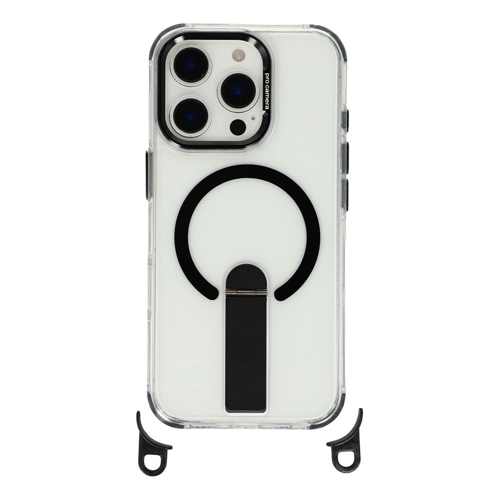 For iPhone 16 Pro Max Magnetic Case with Kickstand and 3-in-1 8mm 220cm Length Strap PC TPU Phone Cover