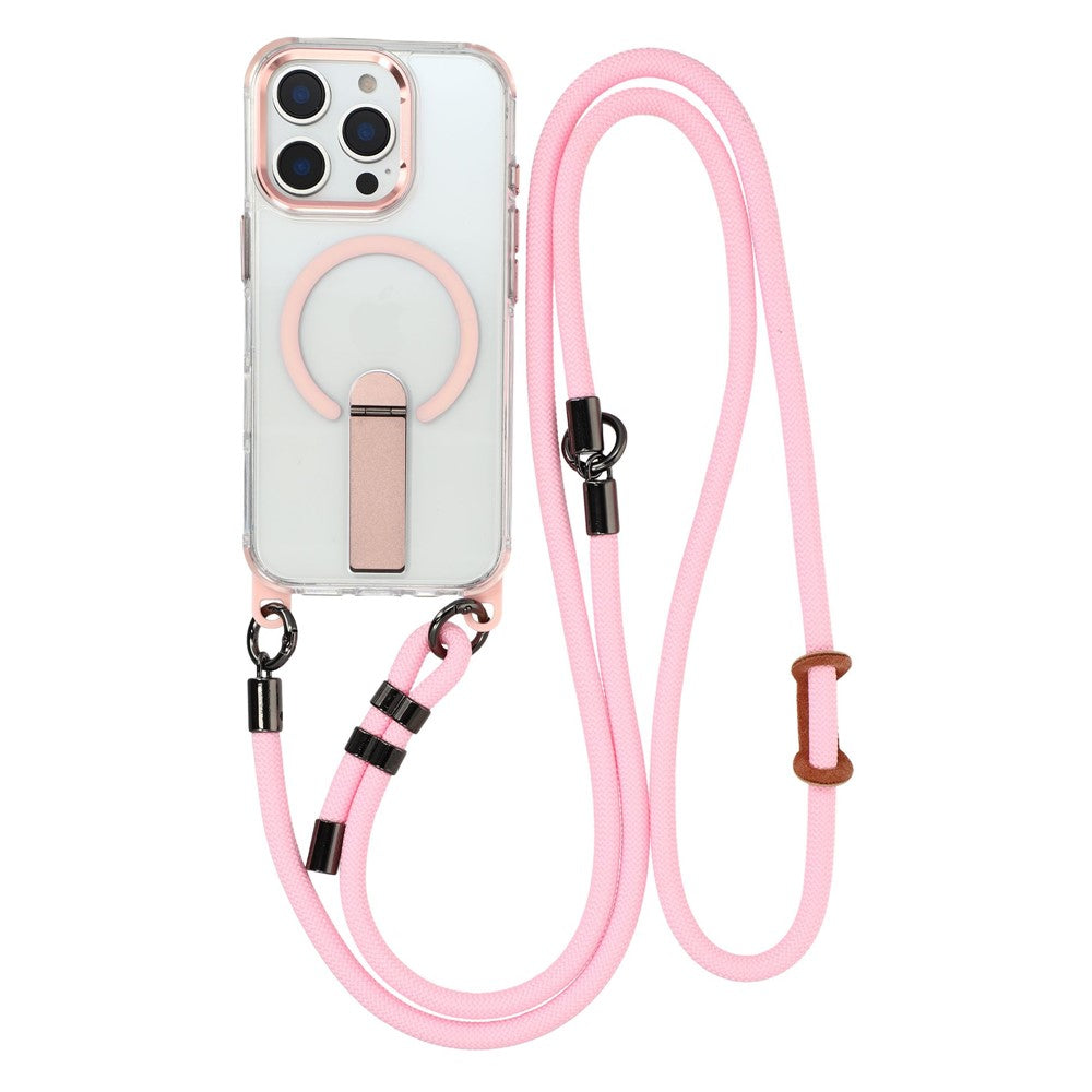 For iPhone 16 Pro Max Magnetic Case with Kickstand and 3-in-1 8mm 220cm Length Strap PC TPU Phone Cover