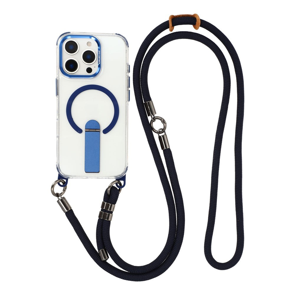For iPhone 16 Pro Max Magnetic Case with Kickstand and 3-in-1 8mm 220cm Length Strap PC TPU Phone Cover