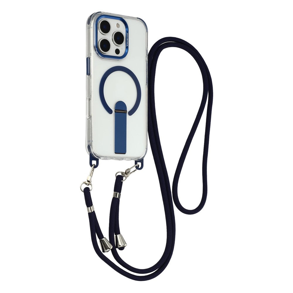 For iPhone 16 Pro Max Magnetic Phone Case with Kickstand and 2-in-1 6mm 150cm Length Strap PC TPU Phone Cover