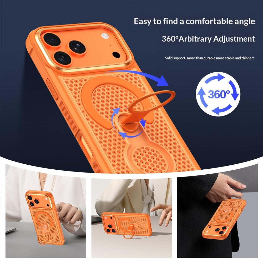 For iPhone 17 Pro Magnetic Case with 360° Rotating Ring Kickstand Heat Dissipation Honeycomb PC TPU Cover Compatible with Magsafe