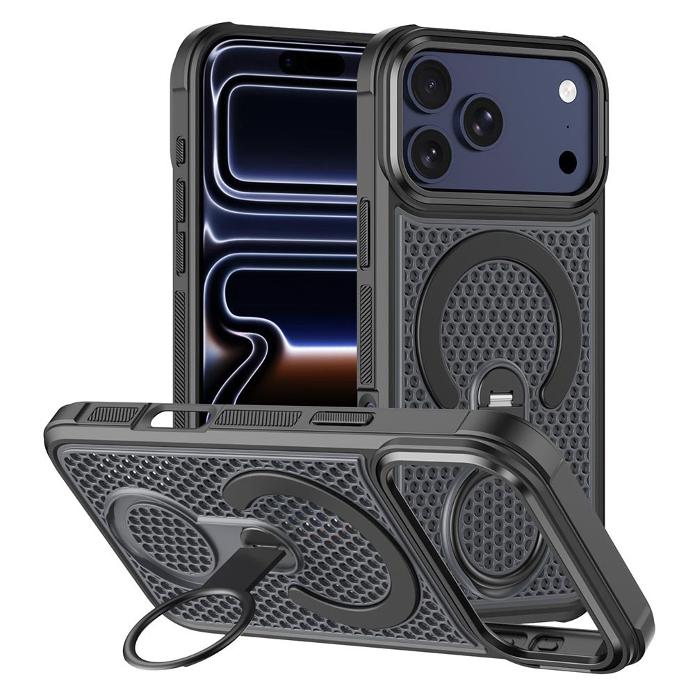 For iPhone 17 Pro Magnetic Case with 360° Rotating Ring Kickstand Heat Dissipation Honeycomb PC TPU Cover Compatible with Magsafe