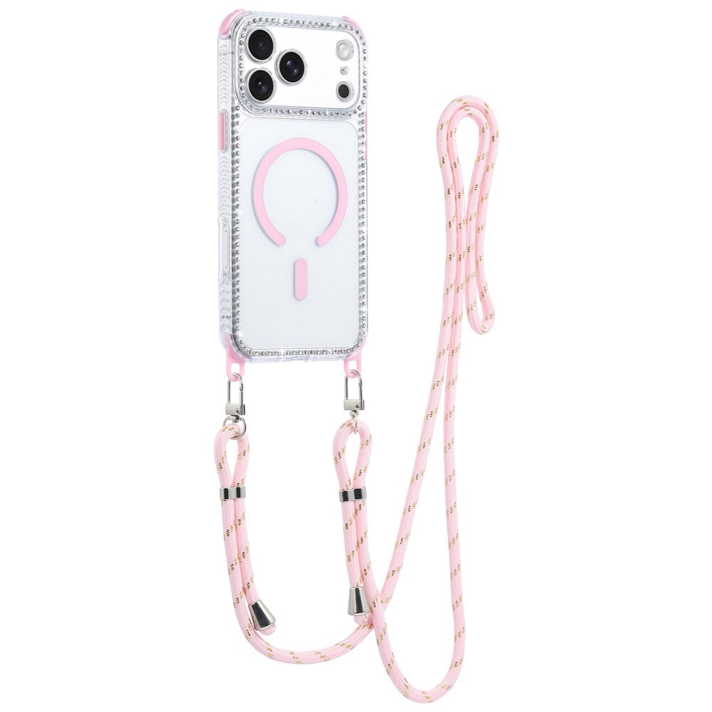 For iPhone 17 Pro Magnetic Case Diamond Edge Design Clear Cover with 70-140cm Adjustable Lanyard Compatible with Magsafe
