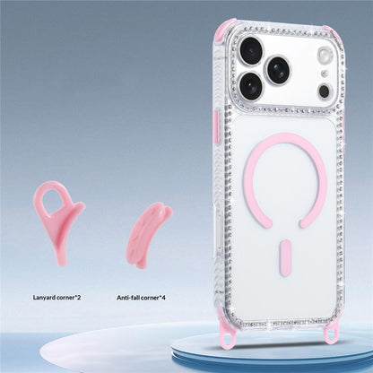For iPhone 17 Pro Magnetic Case Diamond Edge Design Clear Cover with 70-140cm Adjustable Lanyard Compatible with Magsafe