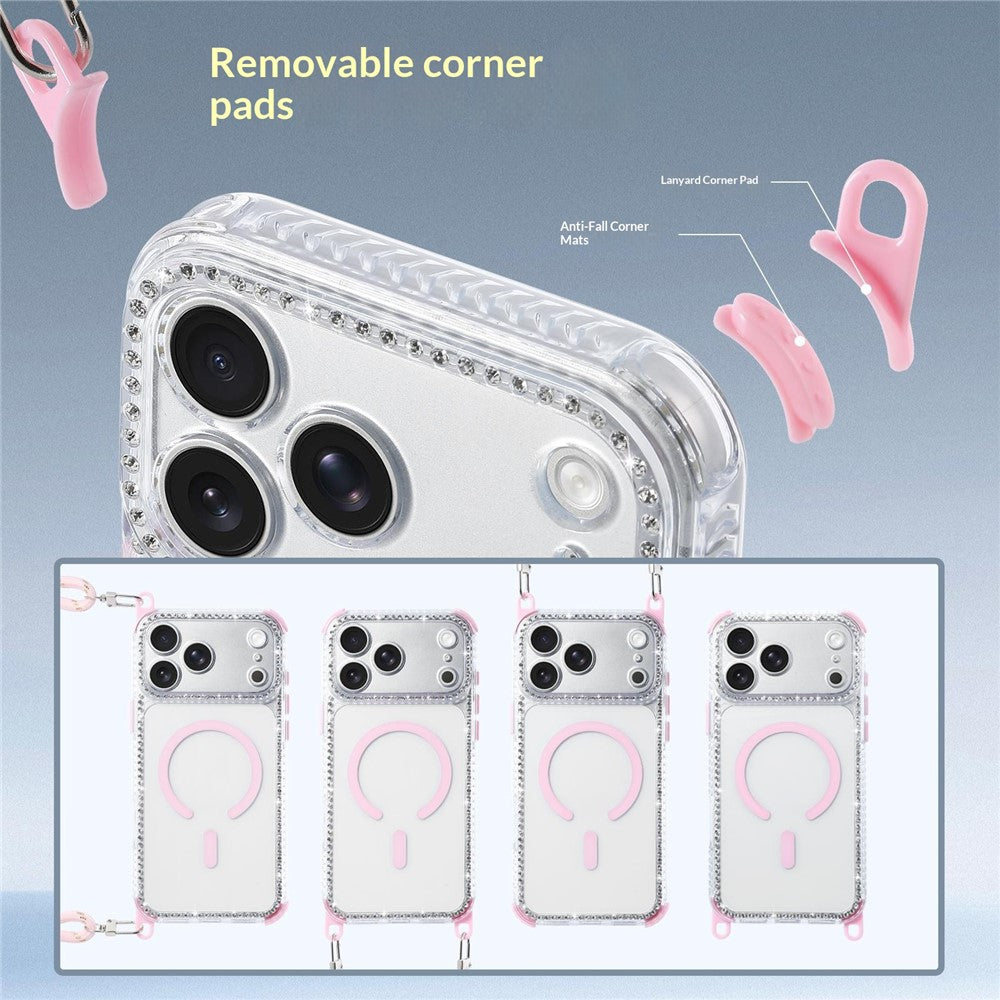For iPhone 17 Pro Magnetic Case Diamond Edge Design Clear Cover with 70-140cm Adjustable Lanyard Compatible with Magsafe
