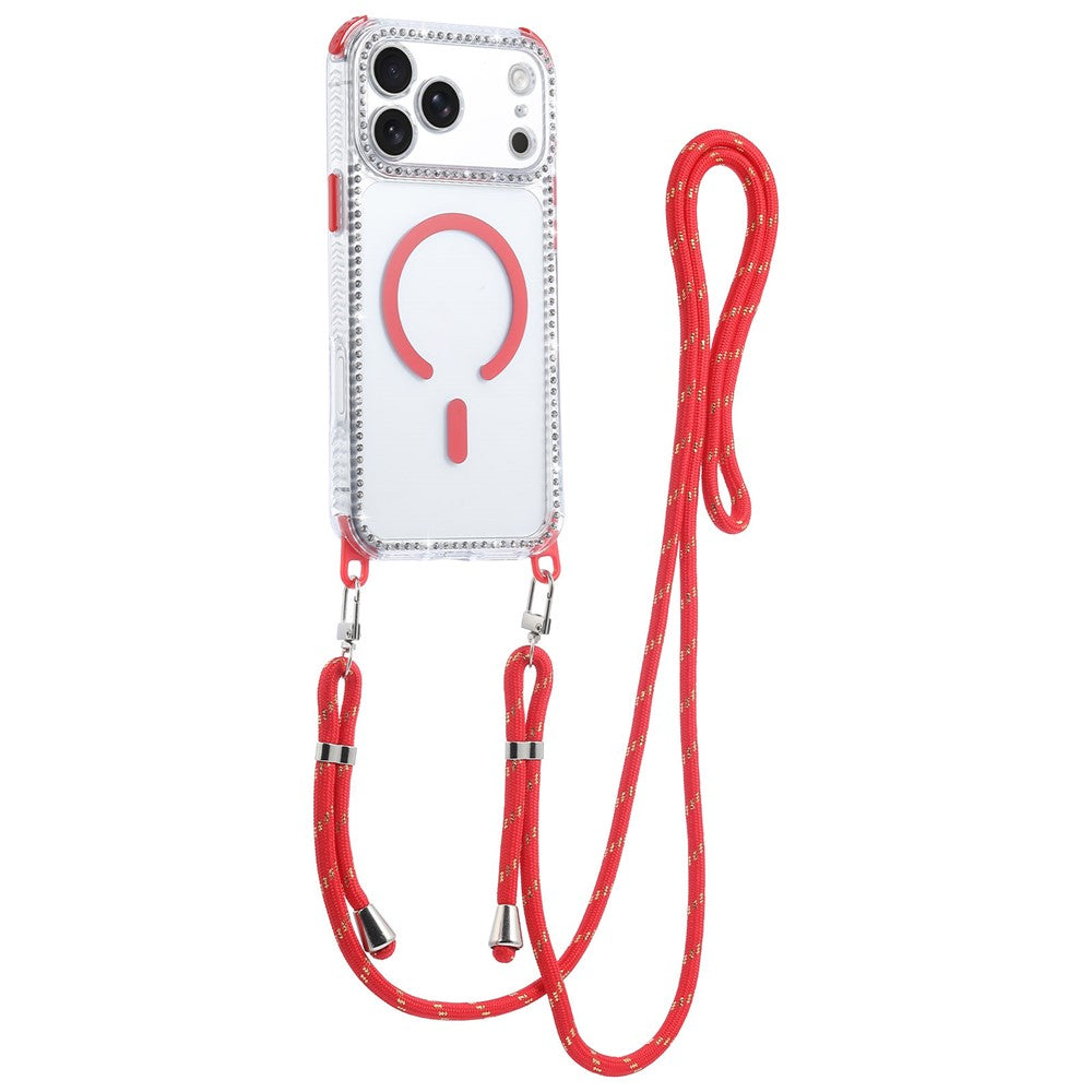 For iPhone 17 Pro Magnetic Case Diamond Edge Design Clear Cover with 70-140cm Adjustable Lanyard Compatible with Magsafe