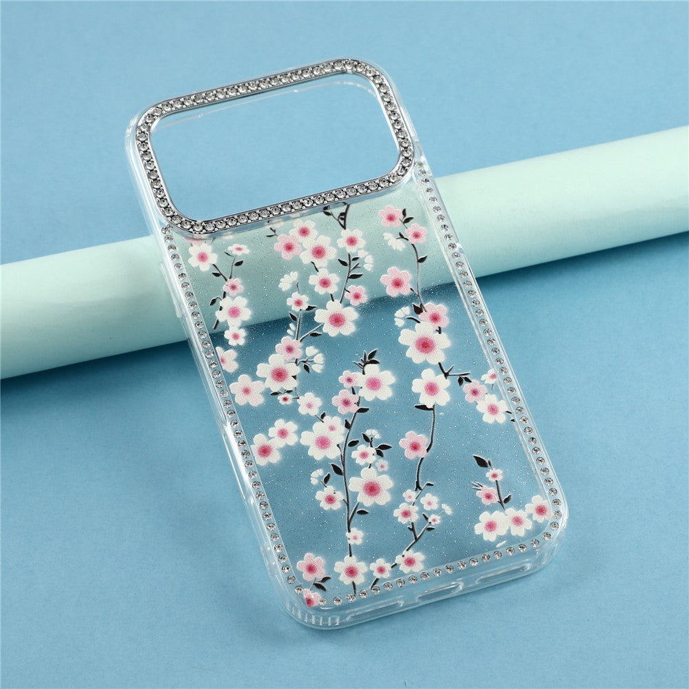 For iPhone 17 Pro Max Case Rhinestone Edge Flower TPU + PC IMD Phone Cover
