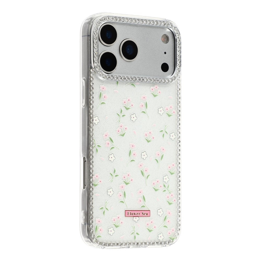 For iPhone 17 Pro Max Case Rhinestone Edge Flower TPU + PC IMD Phone Cover