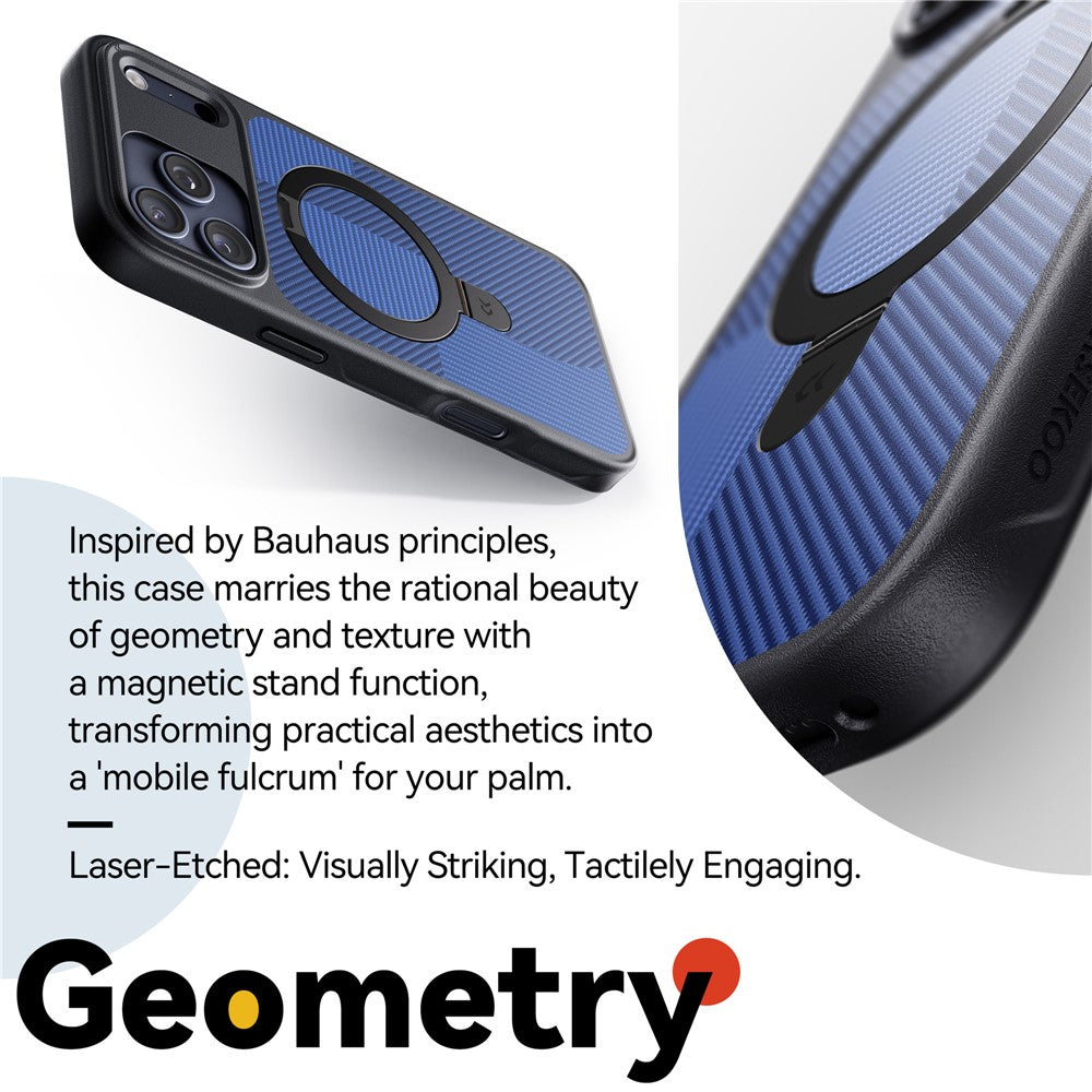 CASEKOO Geometry Series for iPhone 17 Pro Magnetic Case UV Printing Ring Kickstand PC + TPU Shockproof Cover