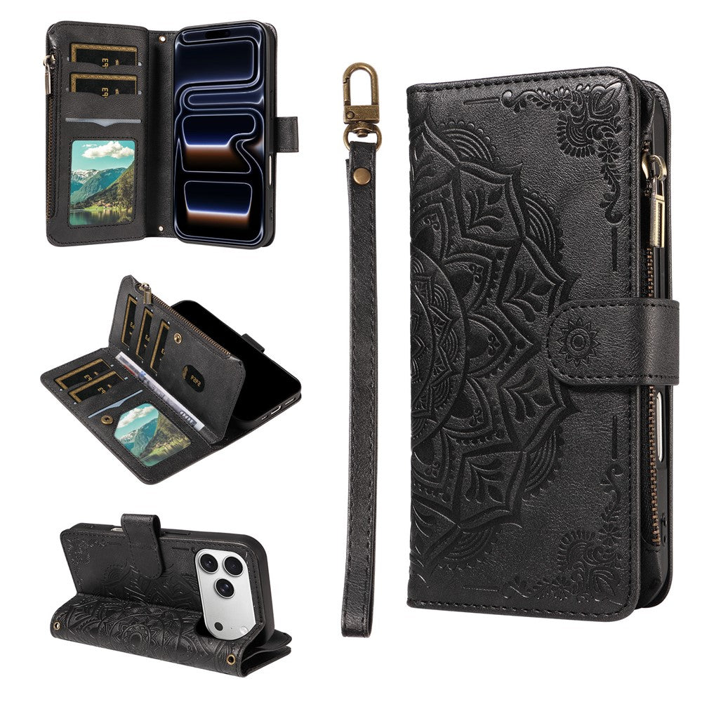 For iPhone 17 Pro Wallet Case Mandala Embossed Leather Flip Cover 9 Card Slots Zipper Pocket RFID Blocking Shell with Wrist Strap