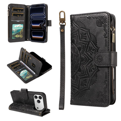 For iPhone 17 Pro Wallet Case Mandala Embossed Leather Flip Cover 9 Card Slots Zipper Pocket RFID Blocking Shell with Wrist Strap