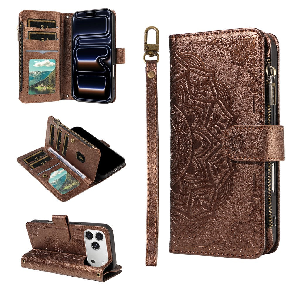 For iPhone 17 Pro Wallet Case Mandala Embossed Leather Flip Cover 9 Card Slots Zipper Pocket RFID Blocking Shell with Wrist Strap