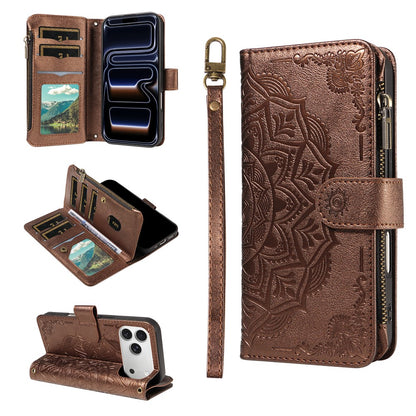 For iPhone 17 Pro Wallet Case Mandala Embossed Leather Flip Cover 9 Card Slots Zipper Pocket RFID Blocking Shell with Wrist Strap