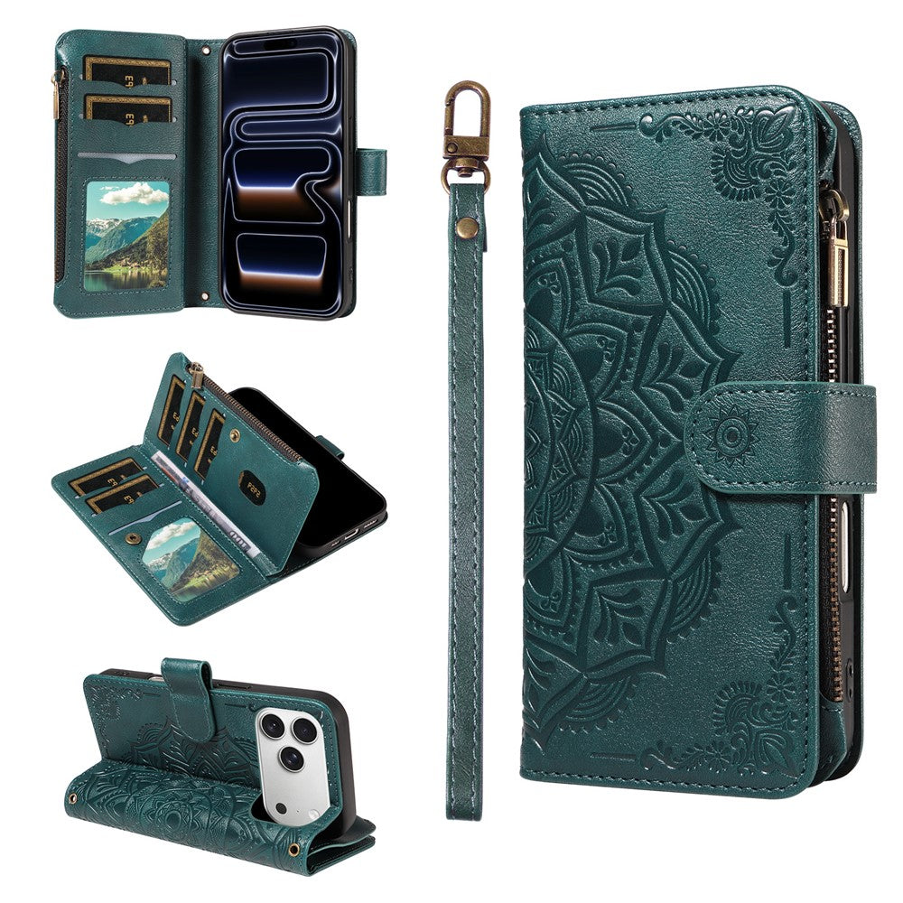 For iPhone 17 Pro Wallet Case Mandala Embossed Leather Flip Cover 9 Card Slots Zipper Pocket RFID Blocking Shell with Wrist Strap
