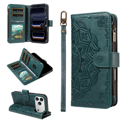 For iPhone 17 Pro Wallet Case Mandala Embossed Leather Flip Cover 9 Card Slots Zipper Pocket RFID Blocking Shell with Wrist Strap