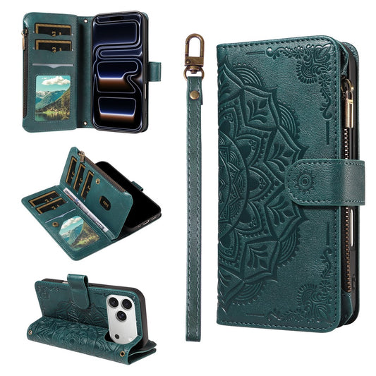 For iPhone 17 Pro Wallet Case Mandala Embossed Leather Flip Cover 9 Card Slots Zipper Pocket RFID Blocking Shell with Wrist Strap