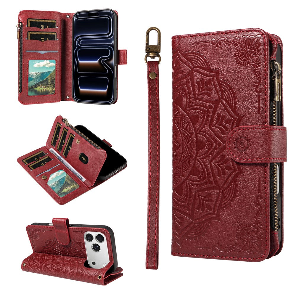 For iPhone 17 Pro Wallet Case Mandala Embossed Leather Flip Cover 9 Card Slots Zipper Pocket RFID Blocking Shell with Wrist Strap