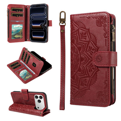 For iPhone 17 Pro Wallet Case Mandala Embossed Leather Flip Cover 9 Card Slots Zipper Pocket RFID Blocking Shell with Wrist Strap
