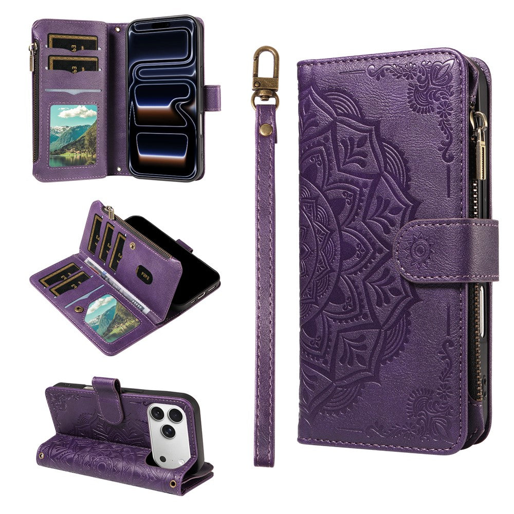 For iPhone 17 Pro Wallet Case Mandala Embossed Leather Flip Cover 9 Card Slots Zipper Pocket RFID Blocking Shell with Wrist Strap