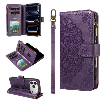 For iPhone 17 Pro Wallet Case Mandala Embossed Leather Flip Cover 9 Card Slots Zipper Pocket RFID Blocking Shell with Wrist Strap